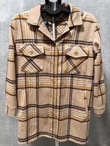 Fore Shacket Beige Plaid Fringe Button Up Sz XS Long Sleeve Pockets Oversized - Picture 1 of 10