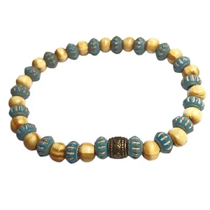Teal and Wood Minimalist Beaded Bracelet-7.5 inch Stretchy - Picture 1 of 2