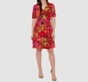 MSK Women's Red Floral Collared Short Sleeve Self-Tie Dress Petite Size PM - Picture 1 of 3