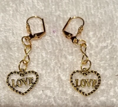 "Love" Charm Goldplated Leverback Earrings with Daisy New Handmade - Image 1 of 3