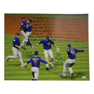 Pat Hughes Signed 16x20 Photo Cubs 2016 WS Win with Extensive Inscription (JSA) - Image 1 of 4
