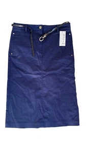 M&S Per Una Skirt Navy Blue Belted Cotton Stretch Straight Pencil Knee Length 10 - Picture 1 of 16