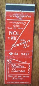 SEATTLE, WASHINGTON: WILLIE'S TAVERN MATCHBOOK MATCHCOVERS -E - Picture 1 of 1