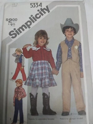 Western Cowboy Shirt Pants Vest Childs 3 Simplicity 5334 Sewing Pattern VTG UC - Image 1 of 4