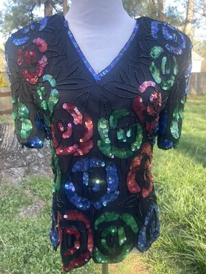 Stenay Vintage Años 80 Seda Lentejuelas Cuentas Top Talla M Almohadillas para el Hombro Fiesta Negro Foto 1 de 4