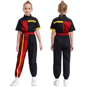 Kids Girls Bodysuit Workout Catsuit Exercise Jumpsuit Hort Sleeve Color Block - Picture 1 of 45