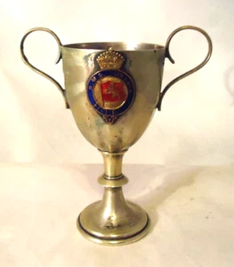ANTIQUE CUNARD LINES R.M.S. AURANIA SILVERPLATE & ENAMEL LOVING CUP 4 1/2" TALL - Picture 1 of 3