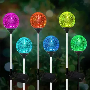 Solar Outdoor Lights - 6 Pack Crystal Cracked Glass LED Solar Garden Globe Light - Picture 1 of 6