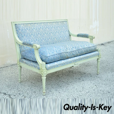 Vintage French Louis XVI Style Hollywood Regency Green Blue Settee Loveseat Sofa Cover
