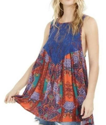 Free People Count Me In Trapeze Tunic Top Dress Size S 4-6 Hot Red Combo - Image 1 of 4