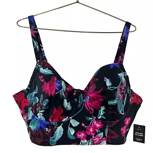 Torrid Underwire Long Line Bikini Top Plus Size 2 D/DD Black Floral Swim Top NWT - Picture 1 of 9