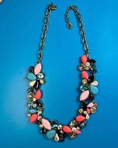 J. Crew Gold Tone Cabachons/Rhinestone Blues & Pinks Collar Necklace - Picture 1 of 8