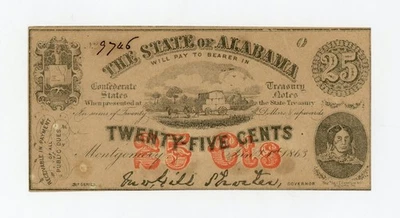 1863 Cr.7 25c The State of ALABAMA Note - CIVIL WAR Era AU - Image 1 of 2