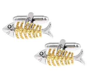 Cuff Links Men One Pair Fish Bone Cufflinks Rhodium Gold Plate Party Wedding Lux - Picture 1 of 14