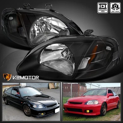 Black Fits 1999-2000 Honda Civic EK EJ LX EX SI 2/4Dr Headlights Lamp Left+Right — 第 1/4 张图片
