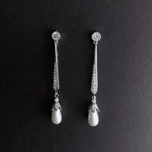 Art Deco Bridal Pearl Earrings silver teardrop vintage style dainty delicate - Bild 1 von 11