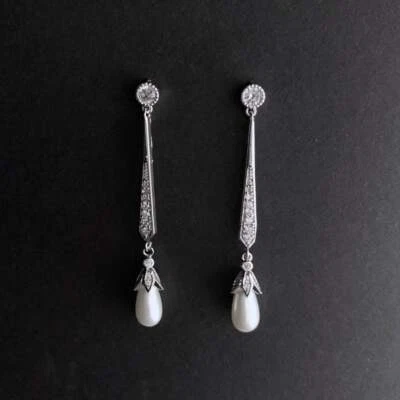 Art Deco Bridal Pearl Earrings silver teardrop vintage style dainty delicate - Image 1 of 4