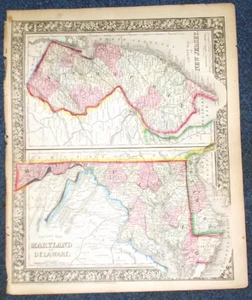Origial 1865 Mitchell Map of New Jersey, Maryland, Delaware 12.5 X 15.25 - Bild 1 von 5