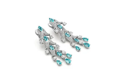 Lab-Created Pear Shape 5.70CT Aquamarines & White 5.20CT Diamonds Drops Earrings - Image 1 of 4
