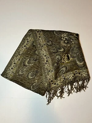 Cachecol verde oliva/dourado floral borlas abstratas 26” X 68” xale feminino envoltório cachecol - Imagem 1 de 4