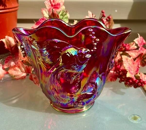 VERY RARE Fenton**RUBY RED CARNIVAL ATLANTIS KOI FISH WHIMSY FAN VASE**1980'S - Picture 1 of 17