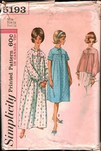 5193 Vintage Simplicity SEWING Pattern Misses 1960s Nightgown Bedjacket 2 Length - Picture 1 of 2