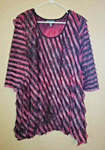 Women's Plus 1X  3/4 sleeve Pink & Black Silver Layered Ruffle Blouse Top Shirt  - Picture 1 of 4
