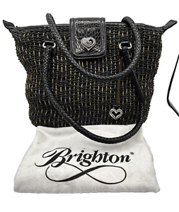 Brighton Sadie Shoulder Bag Black Woven Straw Leather Jute Basket Silver Heart
