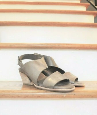 $179 ANTELOPE Spiral Cut MAUVE Gray Leather Wood Block Arc Heel Sandals - Image 1 of 4