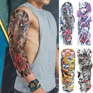 Large Arm Sleeve Tattoo Japanese Prajna Carp Dragon Waterproof Temporary Sticker - Picture 1 of 37
