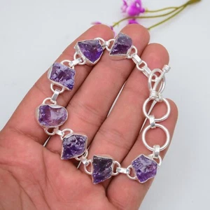 Amethyst Raw Gemstone Jewelry 925 Sterling Silver Handmade Chain Bracelet Gift - Picture 1 of 5