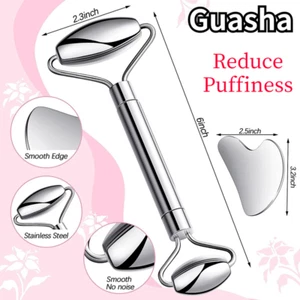 Beauty GuaSha Gesichtsroller Set Massagewerkzeug Edelstahl Kratzbrett Gesicht - Bild 1 von 12