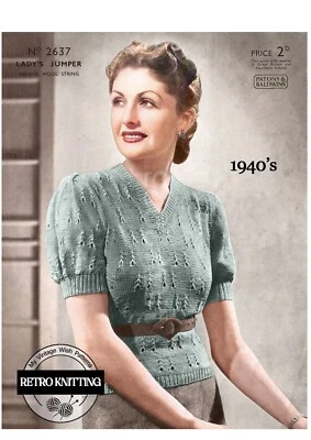 1940s 4-Ply-V-Neck Sweater Vintage Knitting Pattern – Bust 37″ - Image 1 of 2