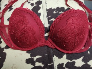 Victoria's Secret Maroon Very Sexy Eyelash Lace Push Up Mash Trim Bra Size 32D