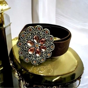 Women’s Belt Brown Embossed Leatherette Belt Flower Rhinestone Metal Buckle Belt - Picture 1 of 5