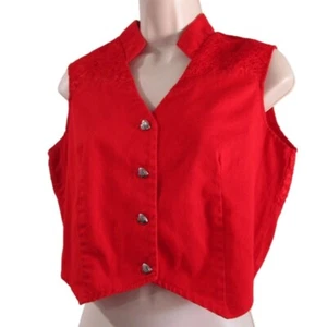 Vintage Banjo Red Heart Cut Out Buttons Crop Top Lace Accent USA Made Ladies M - Picture 1 of 17