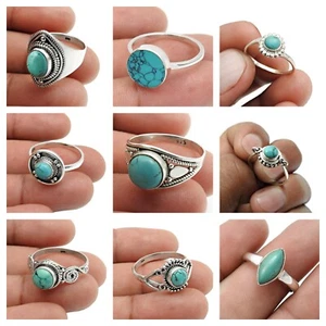 Stunning Natural Turquoise Gemstone Rings Size 8 925 Sterling Silver Jewelry - Picture 1 of 15