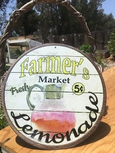 Farmers Market Fresh Lemonade Round Sign Tin Vintage Garage Bar Decor Old Rustic - Picture 1 of 1