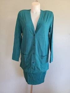 Lands End CARDIGAN DRESS LG 14-16 Jersey Cotton Mid Knee Long Sleeve AQUA BLUE - Picture 1 of 8