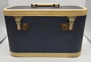 Vintage 1950s Skyway Navy Ivory Vanity Train Case with Mirror Pocket Straps - Picture 1 of 19