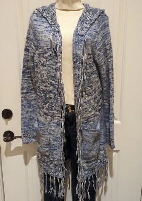 Cárdigan Mujer Talla XL Maxi Capucha Manga Larga Bolsillos Frontales Abiertos Flecos Azul Marino Gris Foto 1 de 4
