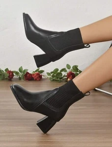 SHEIN Black High Heel Elastic Ankle Boots Short Boots Size 7.5 - Picture 1 of 7