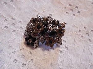 TRULY MAGNIFICENT VINTAGE FLORAL BROOCH PIN BLACK & GRAY RHINESTONES - Picture 1 of 5