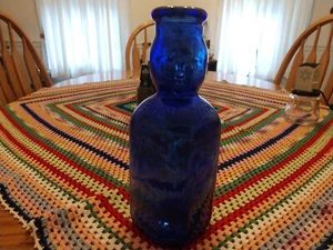 Vintage Cobalt Blue Brookfield Double Side Face Baby Top Quart 9.5" Glass Bottle - Picture 1 of 5