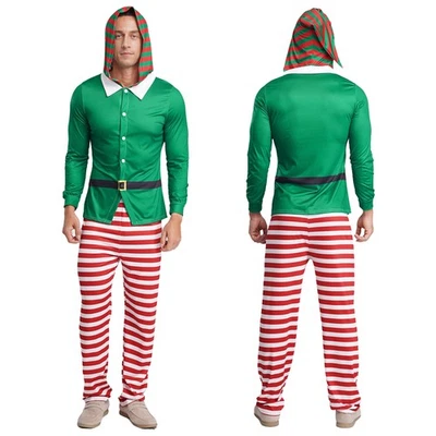 Mens Christmas Elf Pajamas Party Cosplay Costume Hooded Top and Pants Set Party - Image 1 of 4
