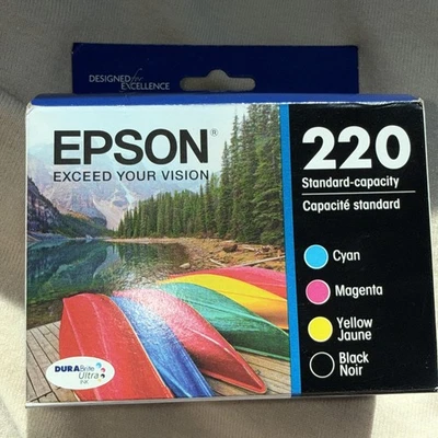EPSON 220 TRI COLOR CYAN MAGENTA YELLOW BLACK GENUINE INK CARTRIDGE 3/28 NEW - Image 1 of 4