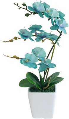 15 Inches Tall Artificial Silk Phalaenopsis Orchid Flower Plant Golden Blue  - Image 1 of 4
