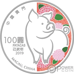 Schwein Lunar Jahr 5 Oz Silbermünze 100 Patacas Macao Macau 2019 - Bild 1 von 2