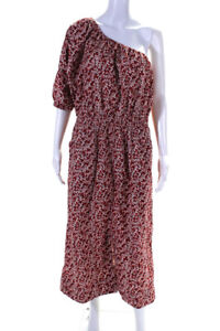 Apiece Apart Damen-Midi-Kleid mit einer Schulter gesmockter Taille mit Blumenmuster rot weiß XL