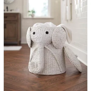 Elephant White Woven Wicker round Laundry Room Hamper Basket with Lid (16" W) - Picture 1 of 12